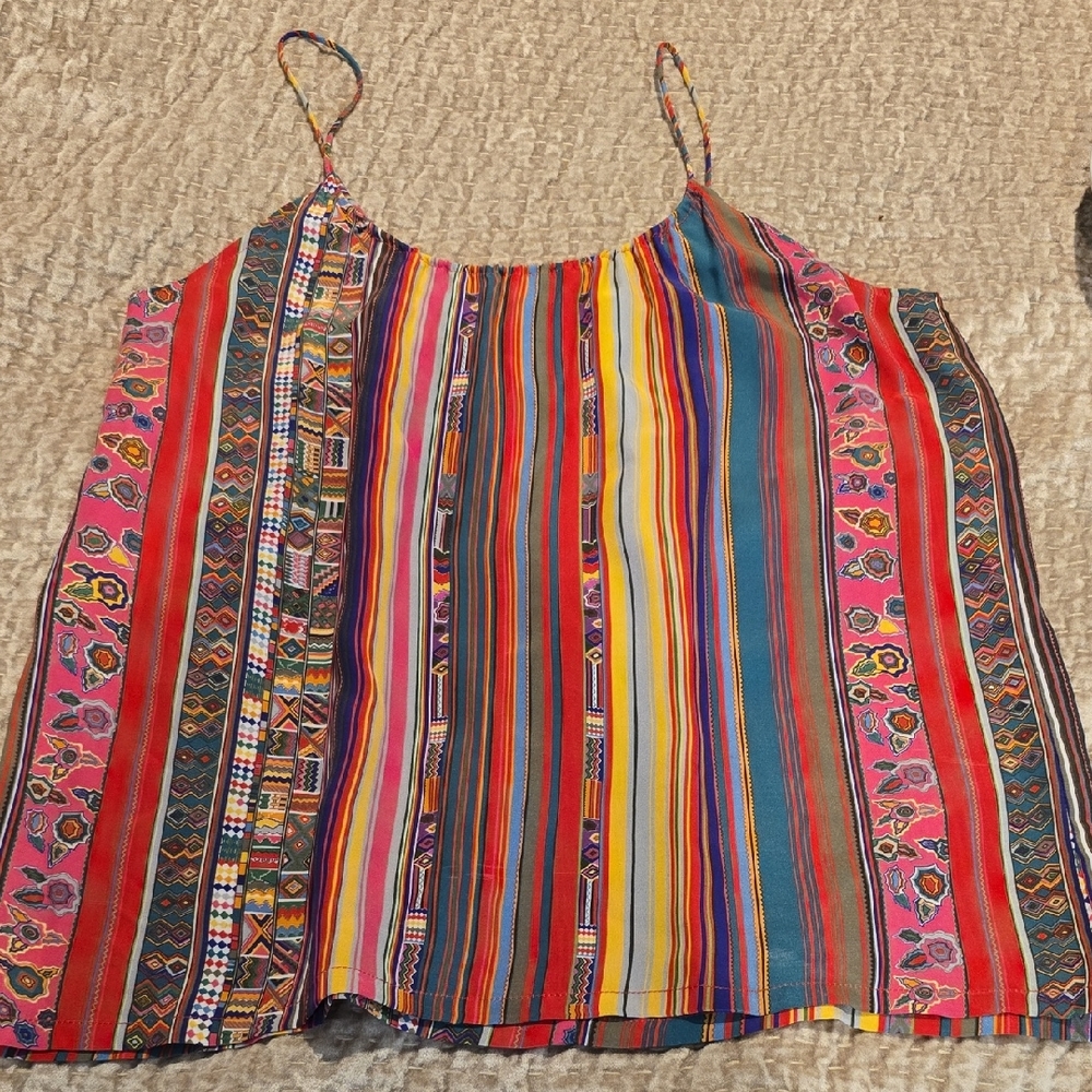 100% Silk Colorful Striped Women's Top Size P (I Say Small)